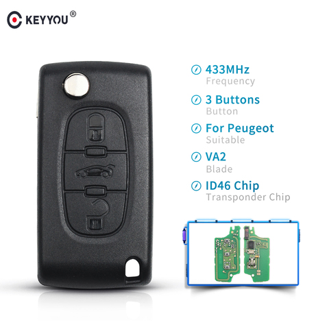 KEYYOU 3 Buttons Complete Remote Car Flip Folding Key For Peugeot 307 407 308 607 433MHz Electronic ID46 Chip VA2 Blade CE0536 ► Photo 1/6