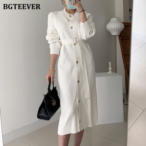 BGTEEVER Elegant O-neck Single-breasted Women Solid Sweater Dress OL Style Long Sleeve Belted Knitted Mid-length Dress Female ► Photo 1/6