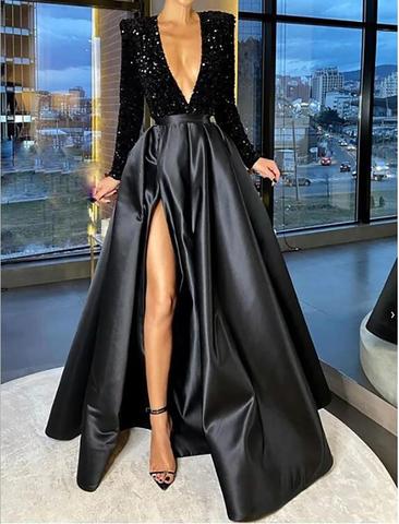 A-Line Sparkle Party Wear Formal Evening Dress V Neck Long Sleeve Floor Length Satin with Crystals Split 2022 ► Photo 1/3