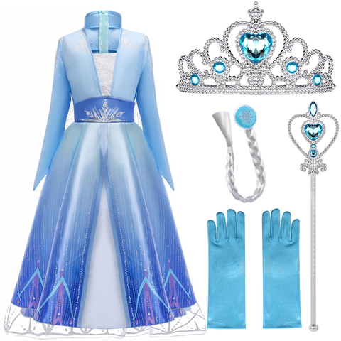 Elsa Dresses For Girls Princess Party Elsa Costume Snow Queen 2 Cosplay Elza Vestidos Hair Accessory Set Halloween Girls Clothes ► Photo 1/6