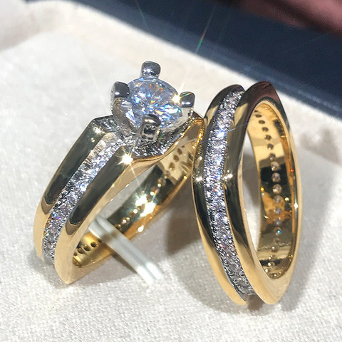 Huitan 2Pcs Bridal Set Ring Luxury Gold Color Geometric Shape Wedding Jewelry Women Micro Pave CZ Lady Proposal Engagement Rings ► Photo 1/6
