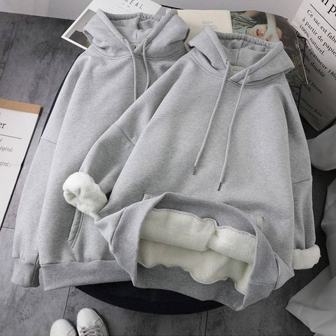 Women Winter Sweatshirts Coat Causal Warm Thick Fleece Pocket Solid Grey Black Female Hooded Coat Outerwear Harajuku BF Oversize ► Photo 1/6