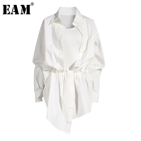 [EAM] Women White Irregular Knot Split Big Size Shirt Dress New Lapel Long Sleeve Loose Fit Fashion Spring Summer 2022 1X3420 ► Photo 1/6