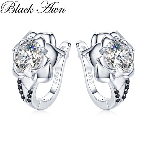 2022 Black Awn 925 Sterling Silver Round Black Trendy Spinel Engagement Flower Hoop Earrings for Women Fine Jewelry Bijoux I152 ► Photo 1/6