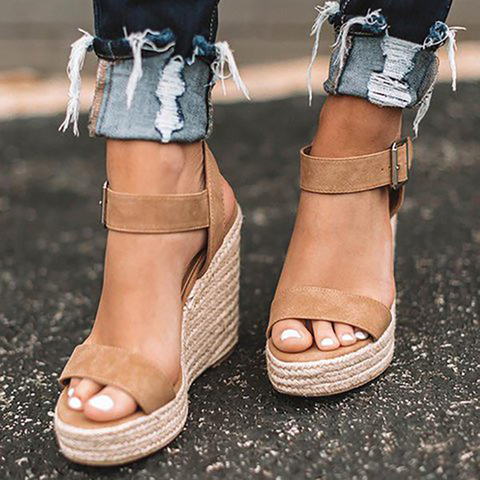 Summer 2022 New Women Sandals Open Toe Platform Wedges Sandals Comfort Fish Mouth Weave Causal High Heels Chaussures Plus 43 ► Photo 1/6