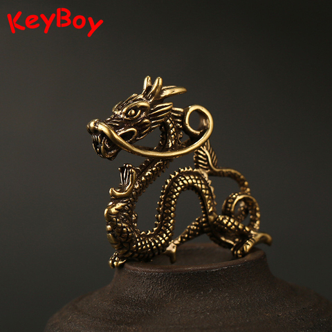 Retro Copper Chinese Zodiac Dragon Animal Car Keychain Keyring Charms Pendants Brass Mythical Beast Figurines Women Bag Hangings ► Photo 1/6