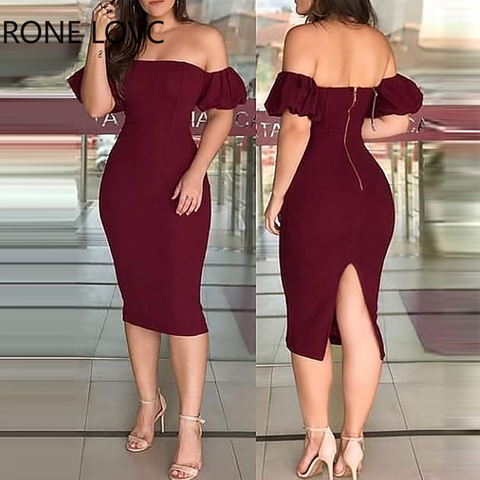 Women Off Shoulder Plain Zipper Design Back Slit Dress Bodycon Dress Party Sexy Dress Elegant Fashion Dress ► Photo 1/4