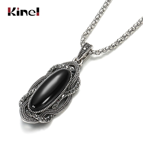 Kinel Top Quality Boho Black Stone Necklace Tibetan Silver Mosaic AAA Gray Crystal Big Oval Necklace For Women Vintage Jewelry ► Photo 1/6