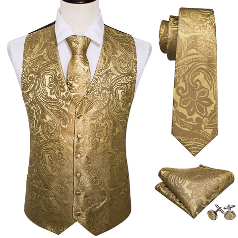 4PC Mens Extra Silk Vest Party Wedding Gold Paisley Solid Floral Waistcoat Vest Pocket Square Tie Suit Set Barry.Wang BM-2017 ► Photo 1/6