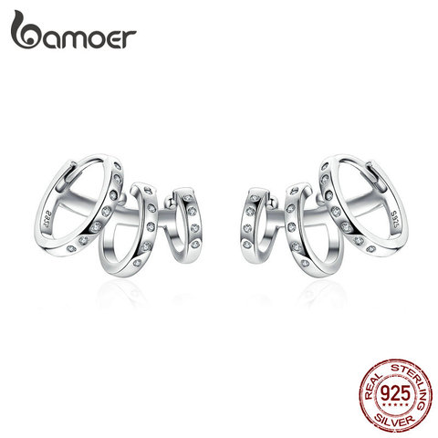 BAMOER Ear Cuff Genuine 925 Sterling Silver Punk Tirple Circle Hoop Earrings for Women Ear Clips Chic Fashion Jewelry BSE085 ► Photo 1/6