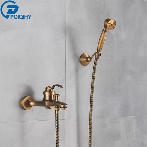 POIQIHY Wall Mounted Hand Held Shower Head Kit Shower Faucet Set Bathroom Bath Shower Mixer Tap Antique Brass Handshower Bracket ► Photo 1/6