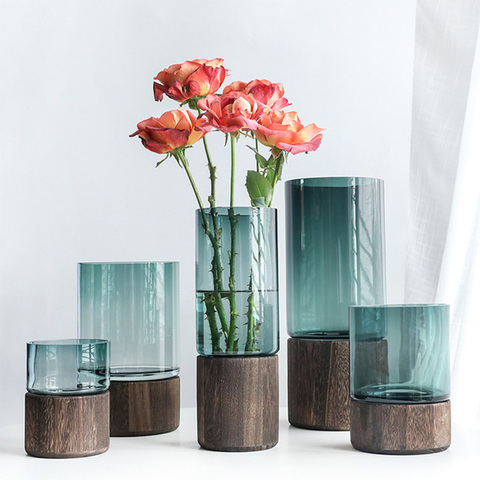 Modern Design Solid Wood Base Glass Vase Luxury Living Room Decoration Figurines Wedding Decor Bedside Plants Holder Crafts Gift ► Photo 1/6