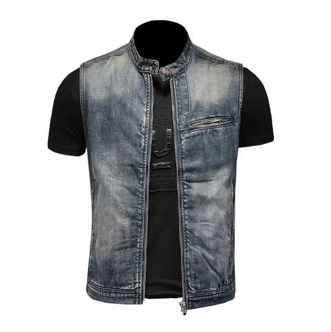 Mens Stand Collar Motorcycle Biker Denim Vest Vintage Zipper Cowboy Wasitcoat Men Casual Cotton Sleevless Jean Jacket Coat ► Photo 1/6