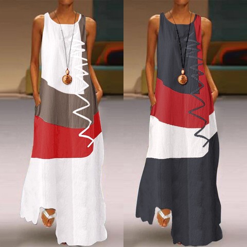 ZANZEA 2022 Vintage Color Stitching Maxi Dress Women's Summer Sundress Casual Sleeveless Tank Vestidos Female O Neck Robe Femme ► Photo 1/6