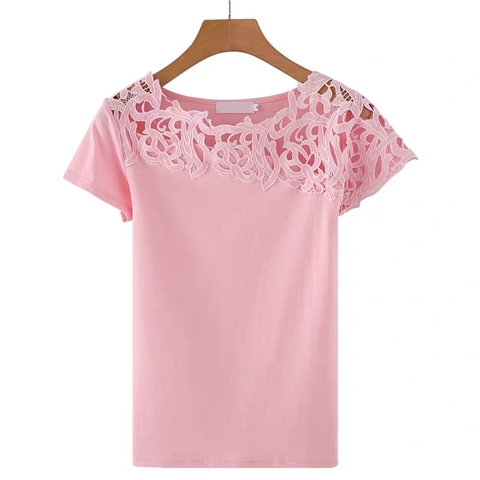 White T Shirt Women Hollow out Lace Ladies Summer Top 2022 Korean Women Clothes Solid color Short sleeve Casual ► Photo 1/6