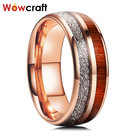 Rose Gold 8mm Wedding Bands Tungsten Carbide Rings for Men Women Domed Koa Wood Meteorite Inlay Polished Shiny Comfort Fit ► Photo 1/6