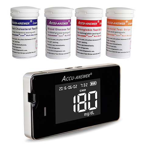 4 in1 Quick Test Cholesterol&Hemoglobin&Uric acid&Blood Glucose Meter glucometer kit Diabetes Gout Monitor&Test Strips&Lancets ► Photo 1/6