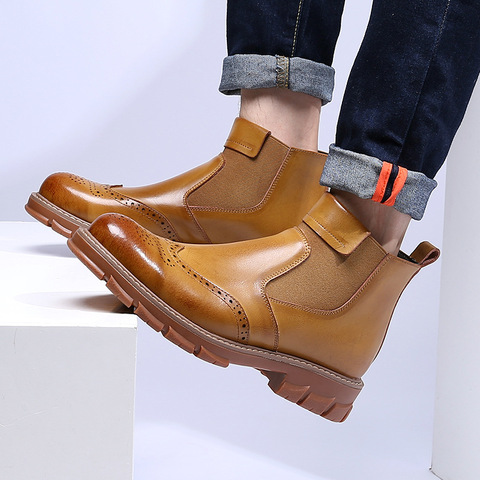 Men Chelsea Boots Genuine Leather Thick Plush Winter Shoes Round Toe Ankle Shoes Male Vintage Classic Casual Retro Martin Boots ► Photo 1/6