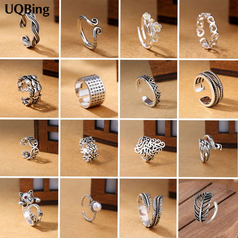 2022 Wholesale Vintage 925 Sterling Silver Flower Fish Heart Crown Cat Leaves Open Rings For Women Jewelry ► Photo 1/6