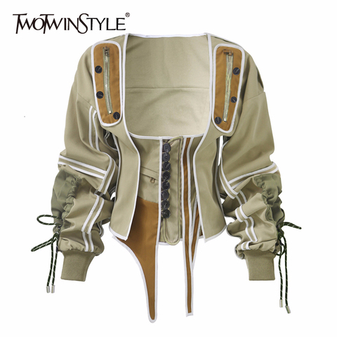 TWOTWINSTYLE Casual Patchwork Hit Color Irregular Jacket Women Square Collar Lantern Long Sleeve Lace Up Female Coats 2022 Tide ► Photo 1/6