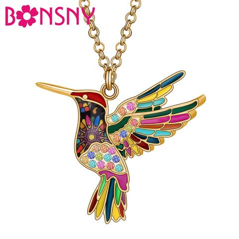 Bonsny Enamel Alloy Rhinestone Hummingbird Bird Necklace Pendant Chain Crystal Jewelry For Women Girls Teen kid Charm Party Gift ► Photo 1/6