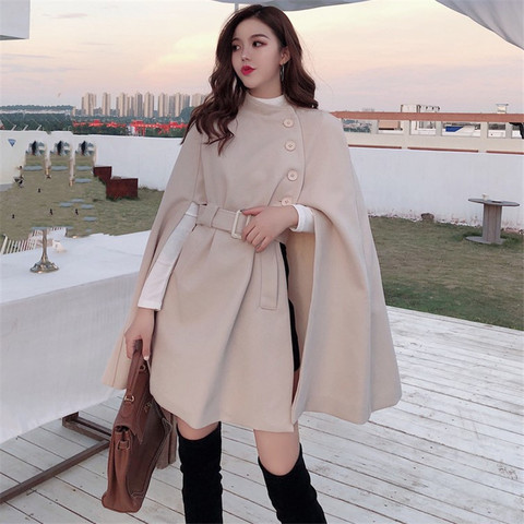 2022 Autumn High Quality Woolen Shawl Cape Poncho Coat With belt Women Mid-length Korean sleeveless Plus Size Ladies Cape Coats ► Photo 1/6
