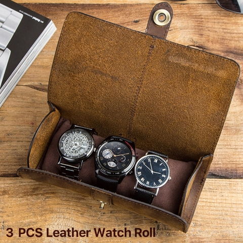 3 Slots Genuine Leather Watch Roll Travel Case Portable Vintage Horse Leather Display Watch Storage Box Watch Organizers ► Photo 1/1