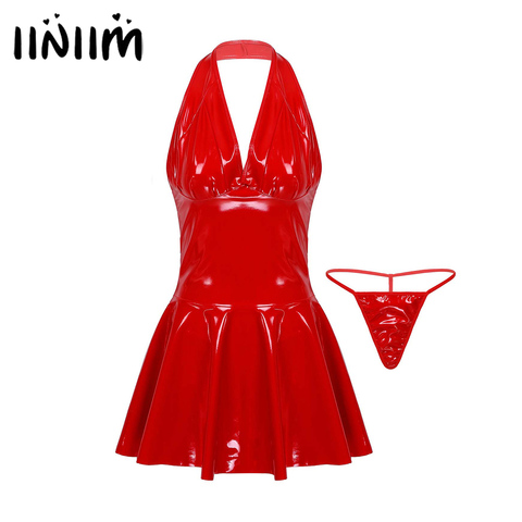 Womens Ladies Faux Leather Pleated Mini Dress Sleeveless Backless Wet Look Dress A-line Sexy Clubwear Costumes Cocktail Parties ► Photo 1/6