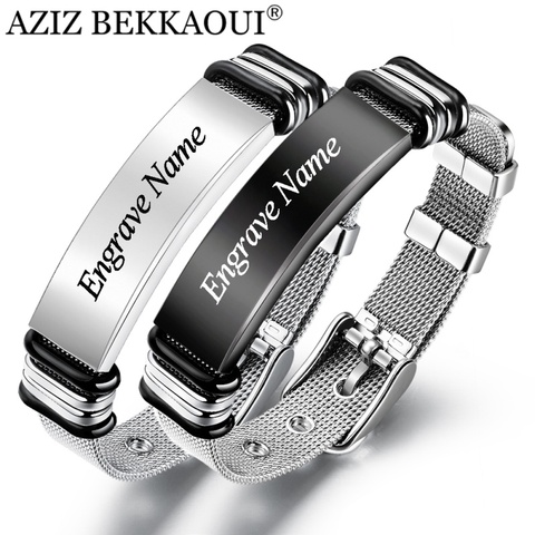 AZIZ BEKKAOUI Black Fashion Engrave Name Customized Bracelet For Men DIY Smooth Leather Bracelet Leather Bracelets Man Jewelry ► Photo 1/6