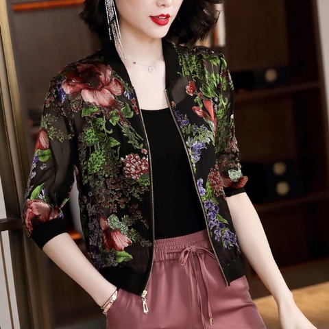 New 2022 Summer Chiffon Lace Print Jacket Women Long Sleeve Loose Bomber Jacket Lady Tops Female Black Jackets Plus Size Clothes ► Photo 1/6