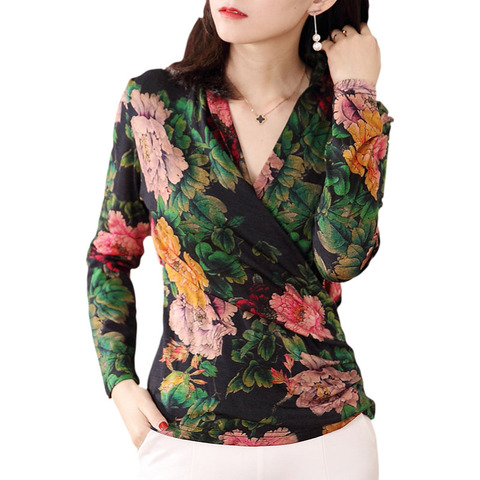 Women Spring Autumn Style Lace Blouses Shirts Lady Casual Long Sleeve V-Neck Flower Printed Lace Blusas Tops DD8061 ► Photo 1/5