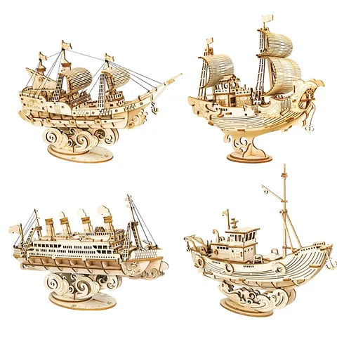 Robotime New 4 Kinds DIY Vintage Sailing Ship 3D Wooden Puzzle Game Assembly Boat Toy Gift for Children Teens Adult TG ► Photo 1/5