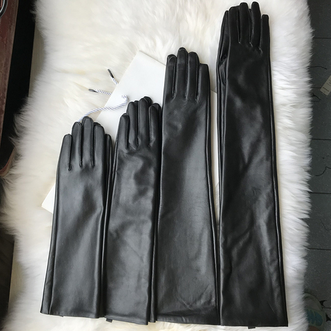 Women's Genuine Leather Gloves Black Long Sheepskin Glove Over Elbow 4050cm Ladies Mittens Winter Velvet Warm Fashion Arm Sleeve ► Photo 1/6