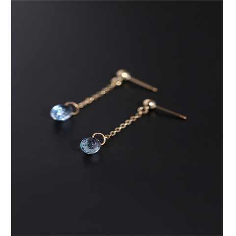 DAIMI Sky blue topaz earrings female gemstones genuine yellow 14K gold Injection wind blowing short ear line ceremony ► Photo 1/6