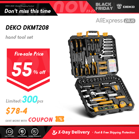 DEKO 208 Pcs Professional Car Repair Tool Set Auto Ratchet Spanner Screwdriver Socket Mechanics Tools Kit W/ Blow-Molding Box ► Photo 1/6