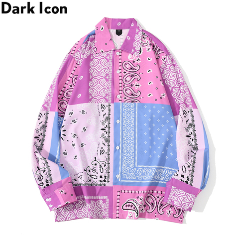 Dark Icon Pink Blue Patchwork Bandana Shirt Men Streetwear Men's Shirts Long Sleeve Male Tops ► Photo 1/6