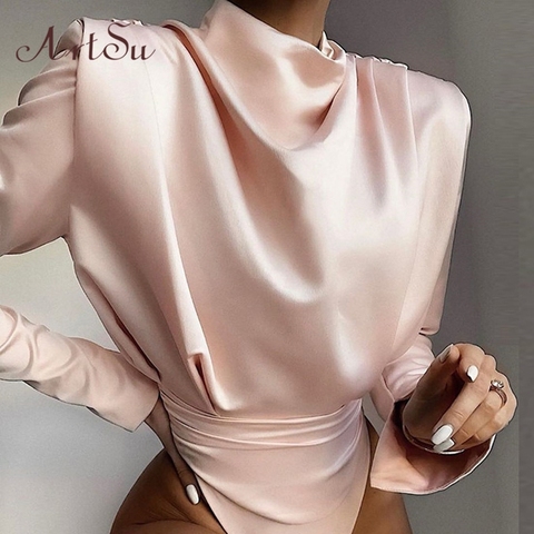 Artsu Elegant Satin Pink Blouse Long Sleeve Bodysuits Tops Women 2022 Spring New Romper Mujer Ladies Cute Shirts ASJU60703 ► Photo 1/6