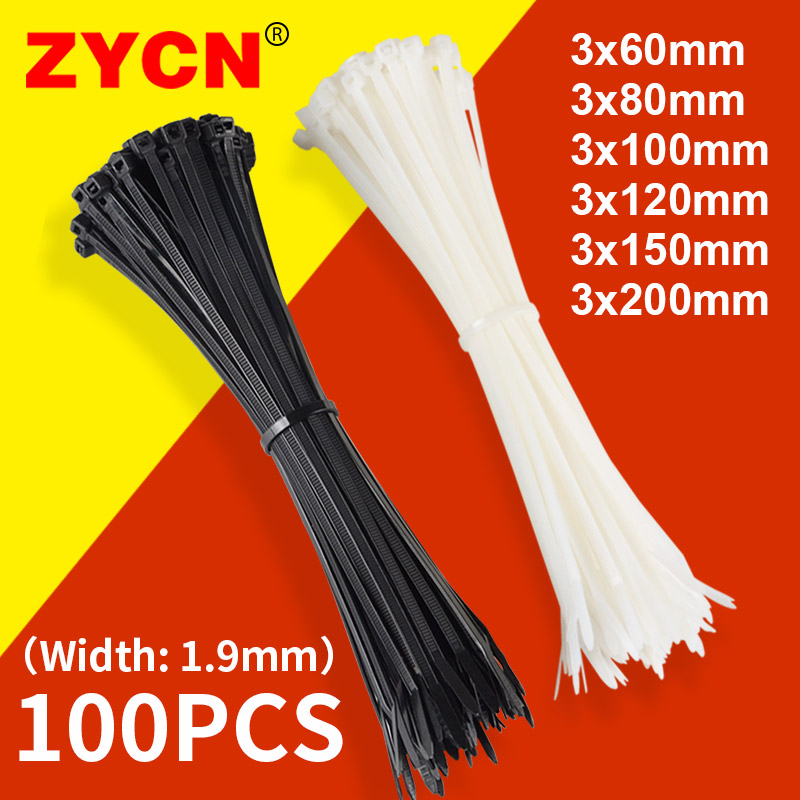 100Pcs Black White Nylon Plastic Cable Ties Zip Tie Lock Wraps Self-Locking 
