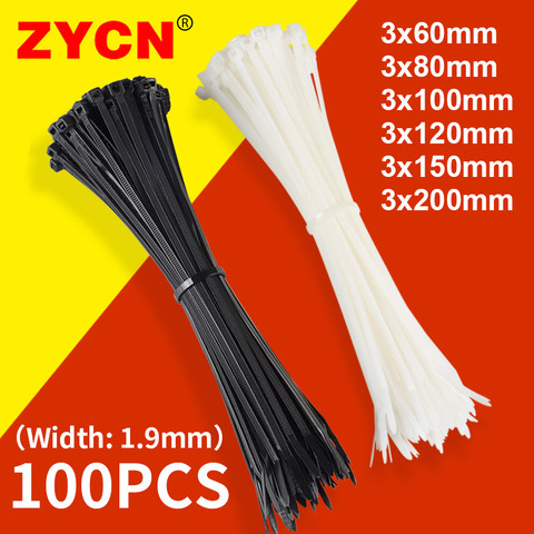 100PCS Nylon Cable Ties Self Locking White Black 1.9*60/80/100/120/150/200MM Plastic Loop Wire Wrap Strap Zip Organiser Fasten ► Photo 1/6
