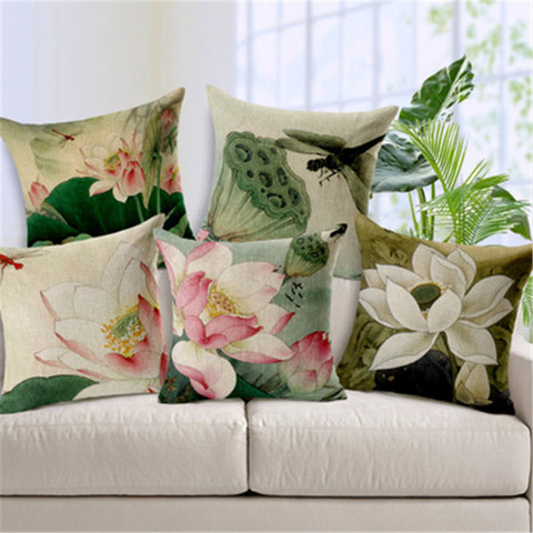 Vintage style Decorative throw pillows Lotus flower cotton linen seat retro cushion cover for sofa home decor funda cojines 45cm ► Photo 1/6