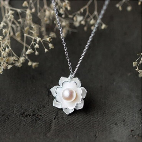 New Fashion 925 Sterling Silver Jewelry Female National White Lotus Shell Beads Pearl Flowers Pendant Necklaces   H305 ► Photo 1/4