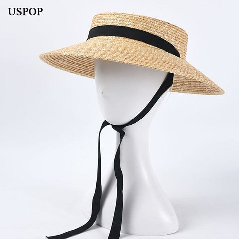USPOP 2022 New French style vintage shallow crown straw hats women straw sun hats long ribbon natural wheat straw beach hat ► Photo 1/5