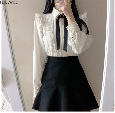 Ruffled Autumn Spring Basic Office Lady Work Wear Women Single Breasted Button Solid Peter Pan Collar Top White Shirts Blouses ► Photo 1/6