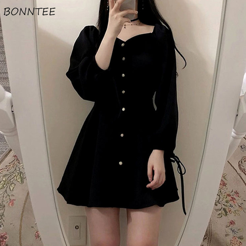 Dress Women Vestidos Vintage Solid Daily Empire Elegant Black BF Oversized Classy Retro Fashion Charm Female Clothes Long Sleeve ► Photo 1/6