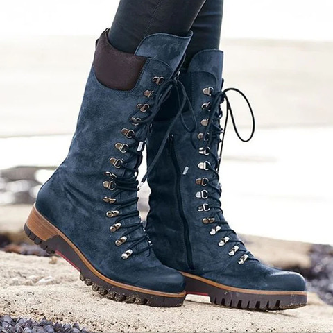 Winter Fashion Women's Mid-Calf Boots Round Toe Western Lace-Up Side Zipper Ladies Boots Comfortable Non-Slip Motorcycle Bootie ► Photo 1/6