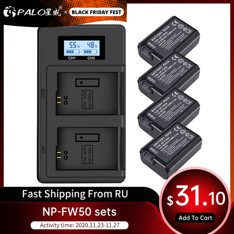 PALO 2pcs 2000mAh NP-FW50 NP FW50 Camera Battery + LCD USB Dual Charger for Sony Alpha a6500 a6300 a6000 a5000 a3000 NEX-3 a7R ► Photo 1/6