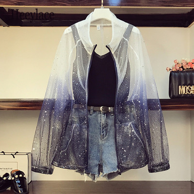 plus size 3 Piece Set Women Gradient Mesh star sequins Sunscreen Shirt + Solid Knit Vest +High waist Denim Shorts Suits ► Photo 1/6