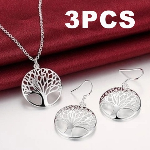 Silver Plated Women Hollow Out Tree of Life Pattern Round Earring Necklace Jewelry Set Moda Mujer Punk Jewelry Fashion Pendiente ► Photo 1/6