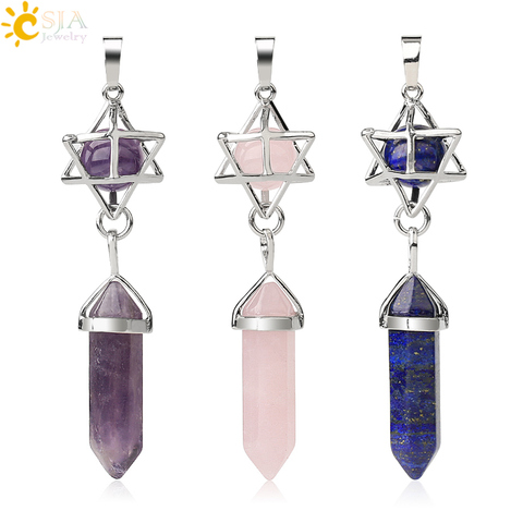 CSJA Reiki Natural Stone Pendant Merkaba Locket Pendulum Hexagonal Prism Crystal Long Pendants for Necklaces Women Jewelry G512 ► Photo 1/6