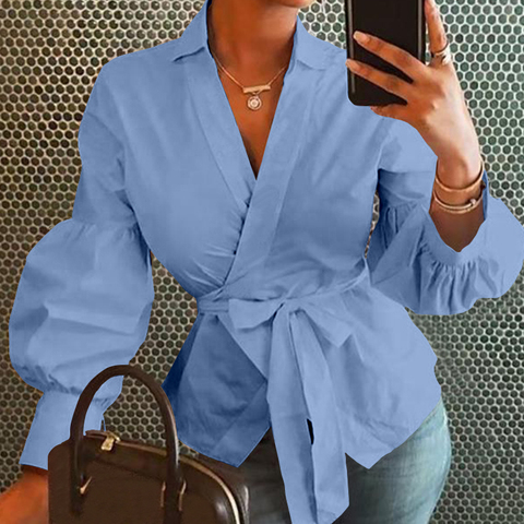 Plus Size Celmia Fashion Women Tops and Blouses Vintage Lantern Sleeve Shirts Tunic Casual Loose V-Neck Elegant OL Blusas Belted ► Photo 1/6